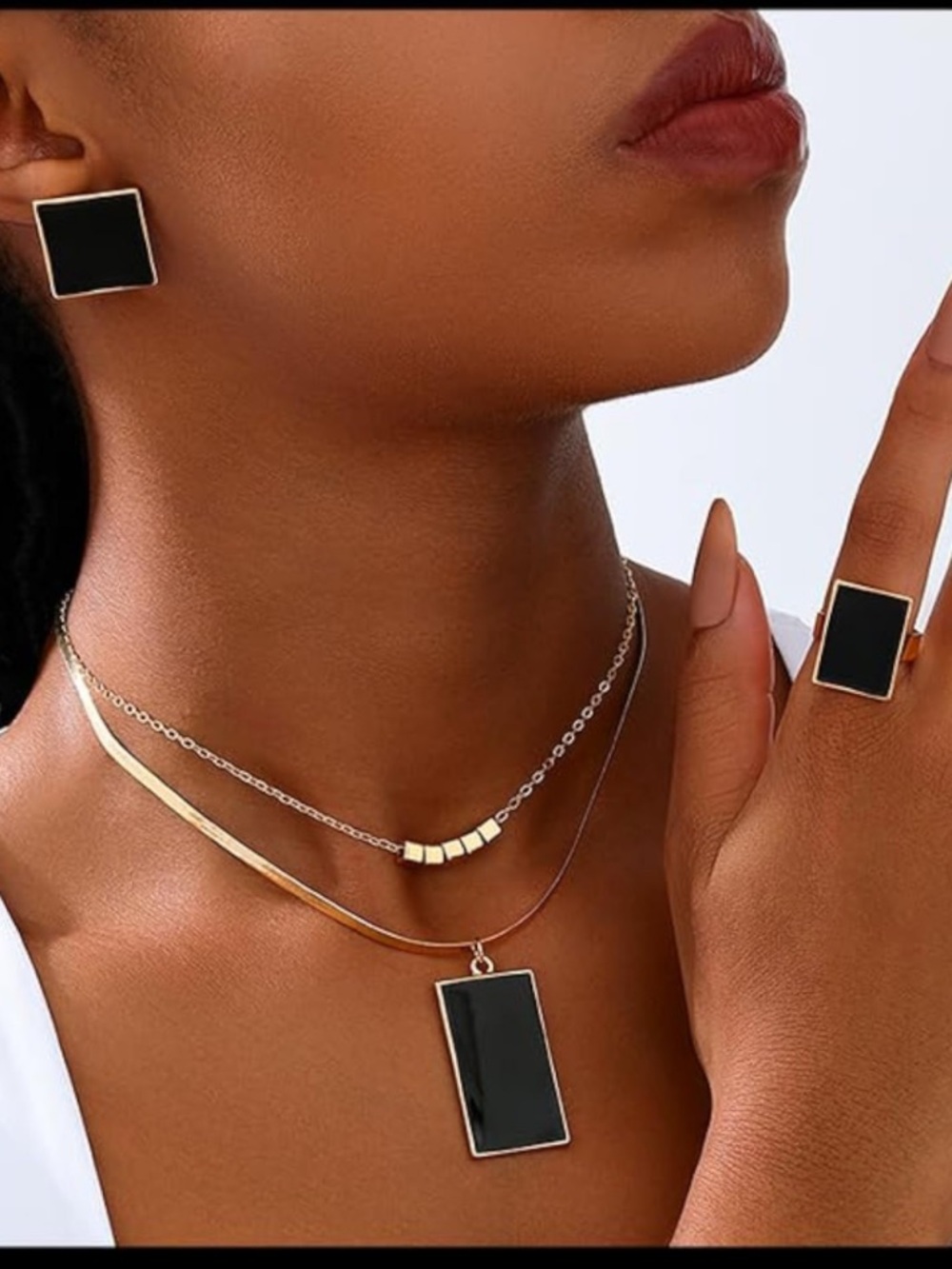 Black Geometric Jewelry Set Necklace Earrings Ring | Gold Tone - Picture 3 of 6
